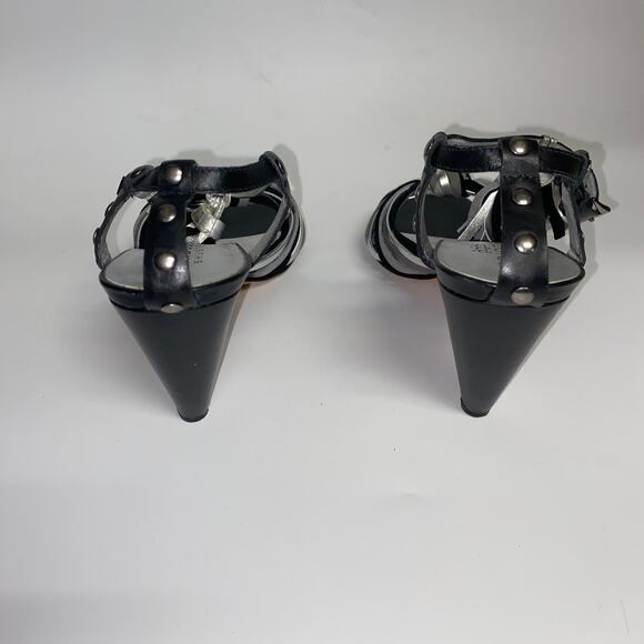 Bridget Shuster Black Silver Gray Leather Tassel Ankle Strap Heeled Sandals 7.5 - Picture 7 of 10